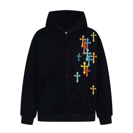 Front view of Cross Hooded Cardigan Sweatshirt - Grozavu brand streetwear