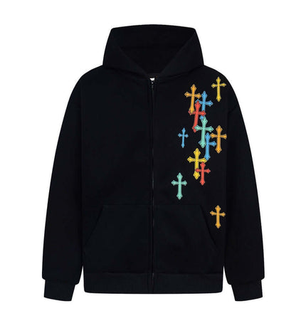 Front view of Cross Hooded Cardigan Sweatshirt - Grozavu brand streetwear