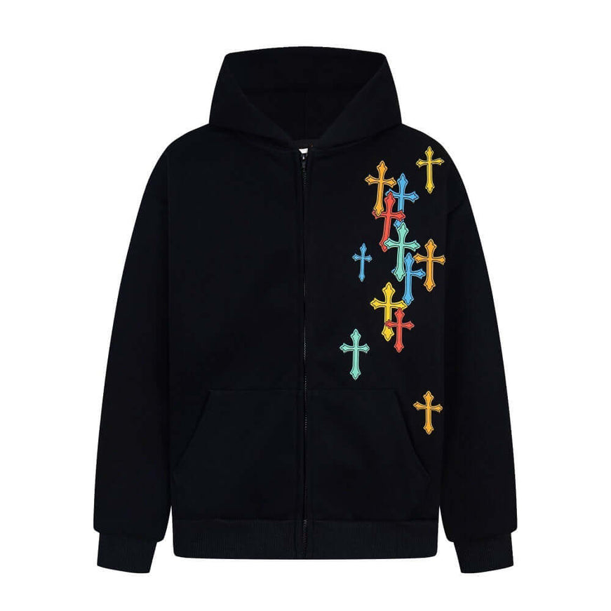 Front view of Cross Hooded Cardigan Sweatshirt - Grozavu brand streetwear