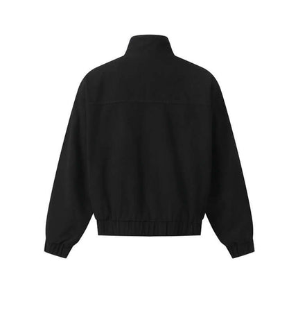 Stand Collar Casual Jacket – Loose Fit in black, showcasing the back view with a stand collar and elastic cuffs.