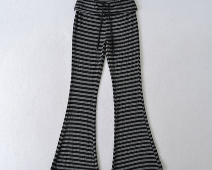 High waisted knitted flared black gray striped tight fit elastic micro flared pants