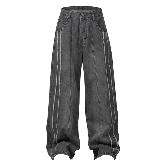 Washed Distressed Patchwork Whisker Jeans Unisex Loose Wide Leg Straight Floor-Length Pants