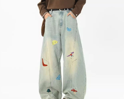 Jeans en patchwork amusants pour hommes de la rue principale, tendance automne, déstructurés, brodés, pantalons à taille haute, lavés, coupe droite