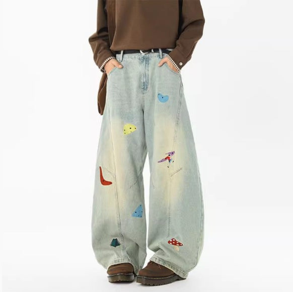 Jeans en patchwork amusants pour hommes de la rue principale, tendance automne, déstructurés, brodés, pantalons à taille haute, lavés, coupe droite