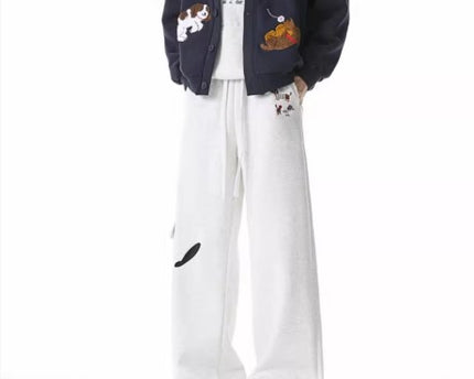 Pantalones de chándal bordados de estilo perro para hombres, retro, de múltiples bolsillos, pantalones casuales versátiles de calle alta, con cordón, sueltos y atléticos