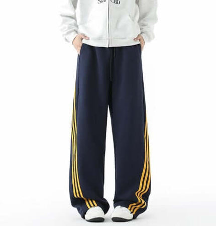 Grozavu Heavyweight Three-Stripe Pants - Loose Fit with navy and yellow stripes, perfect for sporty casual wear.