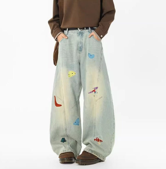 Jeans en patchwork amusants de streetwear pour hommes, tendance, déstructurés, brodés, pantalons à coupe propre, jeans droits lavés