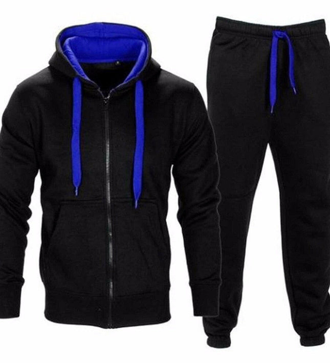 Lässiger, solider Trainingsanzug mit Reißverschluss und Kapuze, Sweatshirt-Jacke + Jogginghose für Herren
