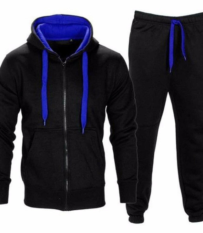 Casual Solid Tracksuit Zipper Hooded Sweatshirt Jacket +Sweatpants Mens Tracksuit