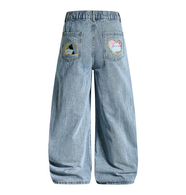 Cartoon Embroidery Denim Pants, styling detail - Premium Streetwear