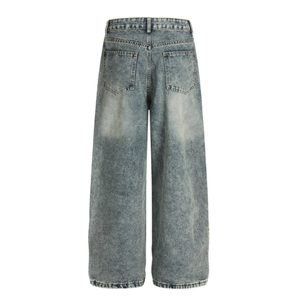 Casual Loose Fit Cartoon Embroidery Distressed Denim Pants