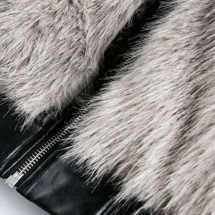 Close-up view of the faux fur and leather details on the Oversized Reversible Hooded Parka.