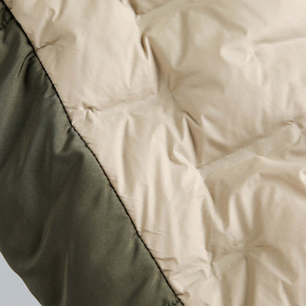 Hooded Color-Block Down Jacket showcasing a khaki green and beige color-blocked design with premium insulation.