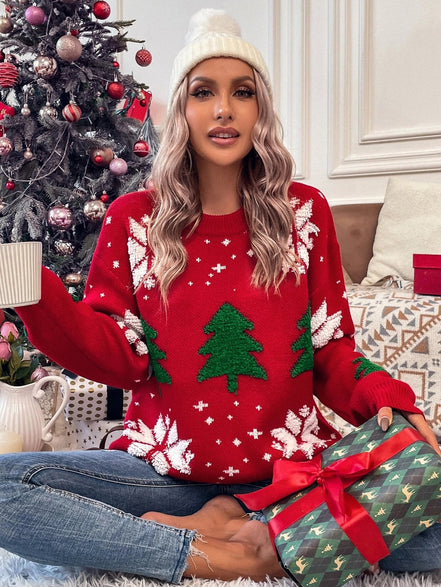 Pull de Noël pour femmes – Pull en tricot avec arbre brodé et flocon de neige