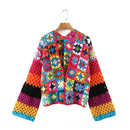 Boho Chic Vibes: Grozavu's Multicolor Plaid Crochet Cardigan! at €92.99