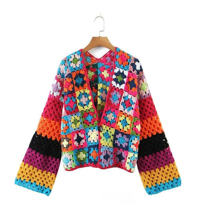 Boho Chic Vibes: Grozavu's Multicolor Plaid Crochet Cardigan! at €92.99