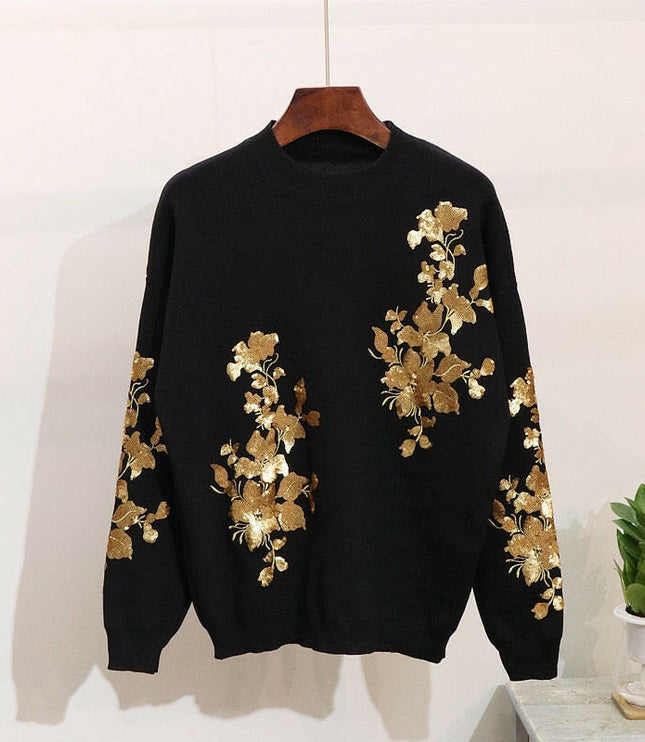 Grozavu Sequins Flower Sweater & Trousers Set