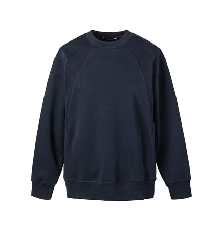 Round Neck Patchwork Pullover Hoodie in navy blue, featuring long sleeves and a relaxed fit for casual comfort.