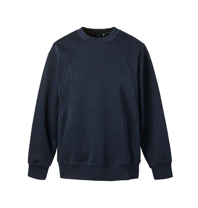 Round Neck Patchwork Pullover Hoodie in navy blue, featuring long sleeves and a relaxed fit for casual comfort.