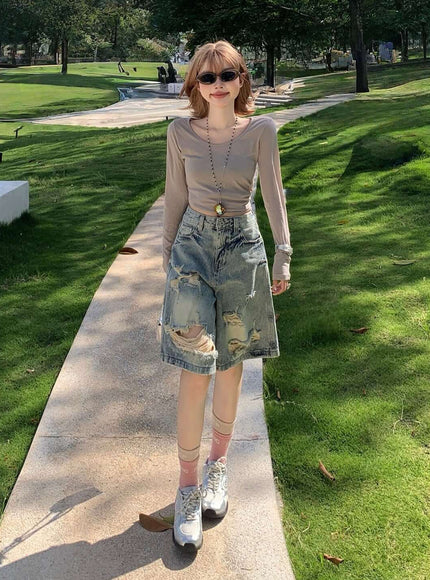 Back view of Grey straight leg denim shorts by Grozavu