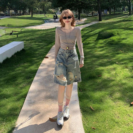 Back view of Grey straight leg denim shorts by Grozavu