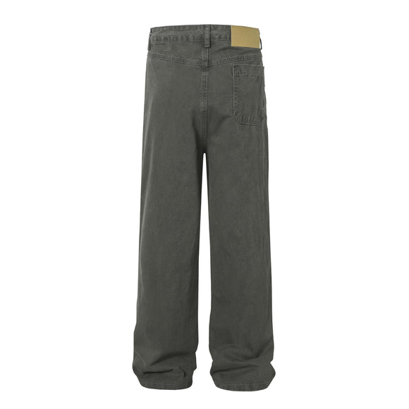 High Street  Washed Distressed Patch Pocket Decorated Denim Pants Unisex Loose Long Trousers