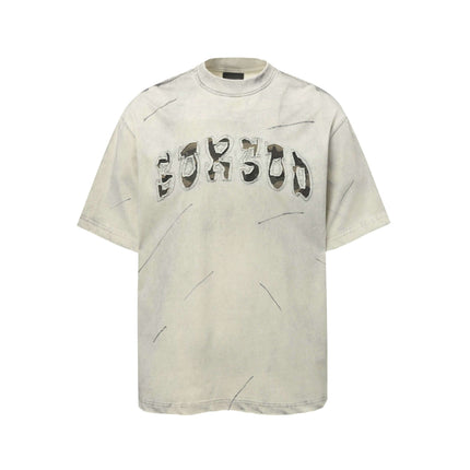 Washed Patchwork Letter T-Shirt – Loose Fit in a relaxed, premium design with faded embroidery and a soft cotton texture.