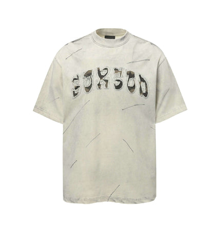 Washed Patchwork Letter TShirt – Loose Fit with unique letter embroidery and relaxed design.