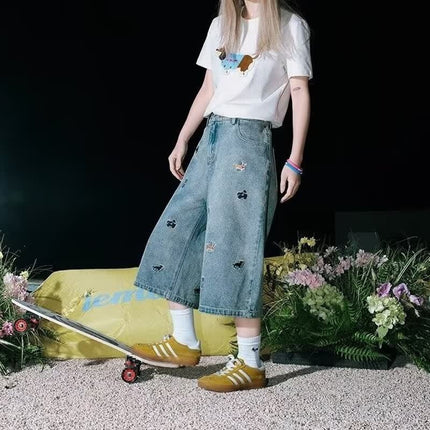 Cartoon Dog Embroidered Denim Shorts – Loose Fit