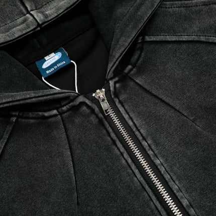 Washed Zip Hoodie Jacket – Loose Fit close-up view of the zipper and collar design.