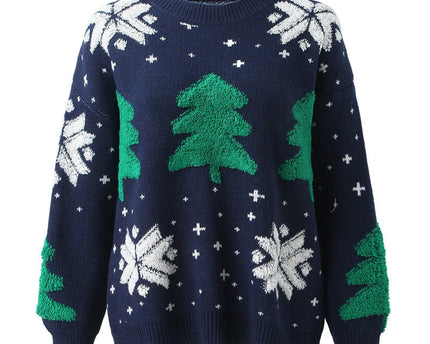 Pulover de Crăciun pentru femei – Pulover tricotat cu brad brodat și fulgi de zăpadă