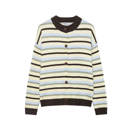 Waist up denim short round neck striped knitted cardigan