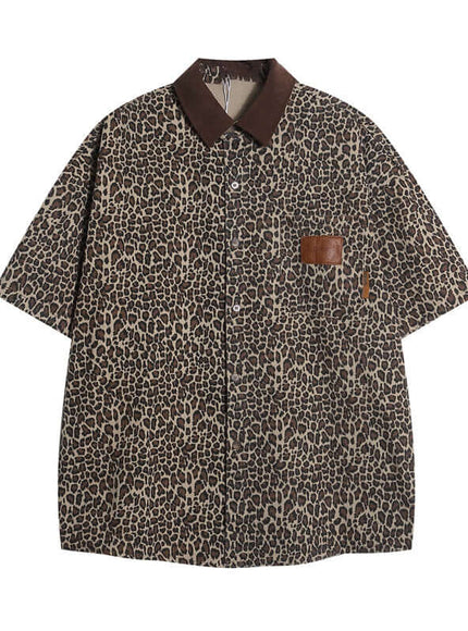 Model wearing Leopard Print Short Sleeve leopard print polo neck shirt by Grozavu