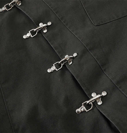 Detail of the closure on the Stand Collar Casual Jacket – Loose Fit, showcasing hooks and eyelets in a black fabric.