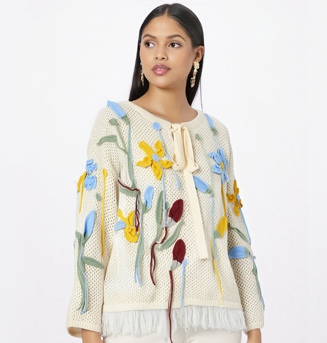 Front view of Floral Lace Up Knitted - Grozavu brand streetwear