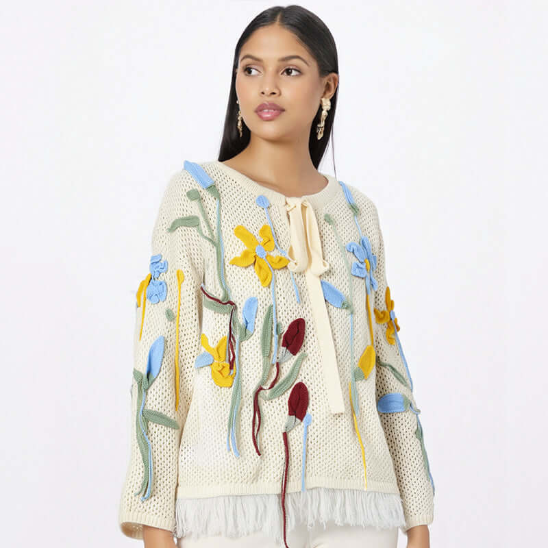 Model wearing Blue floral lace up knitted by Grozavu