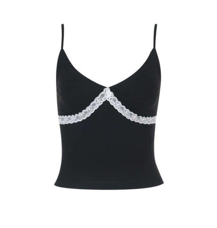 Lace Patchwork VNeck Top – Slim Fit featuring delicate lace detail on a sleek black design.