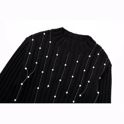 Grozavu: Black Knitted Sweater with Faux Pearls & Tassels, Long Sleeve at €45.99