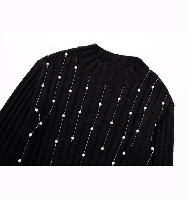 Grozavu: Black Knitted Sweater with Faux Pearls & Tassels, Long Sleeve at €45.99