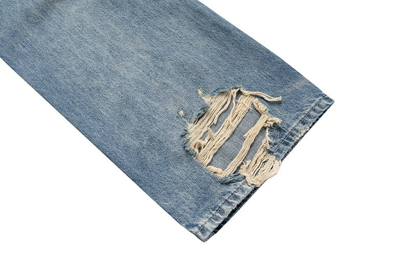 High Street Distressed Hole Denim Long Pants Washed Loose Wide Leg Jeans