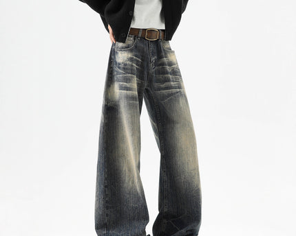 Streetwear Lightning Pattern Denim Pants Men High Street Washed Distressed Wide Leg Pants Vintage Cool Retro Knife-Edged Casual Trousers