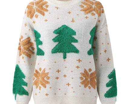 Pull de Noël pour femmes – Pull en tricot avec arbre brodé et flocon de neige