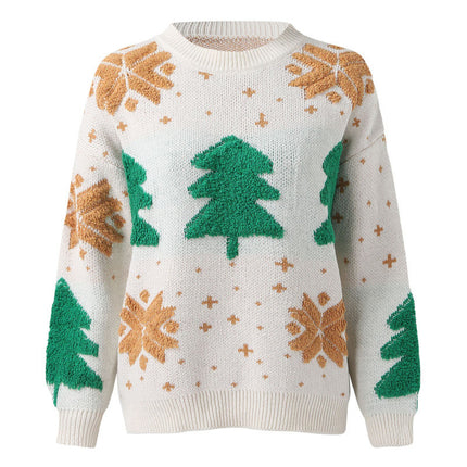 Women Christmas Sweater – Embroidered Tree & Snowflake Knit Pullover
