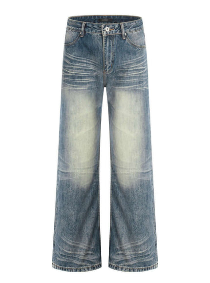 Model wearing Washed Blue washed ground white denim flared by Grozavu