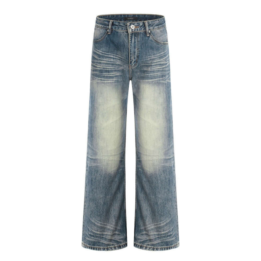 Model wearing Washed Blue washed ground white denim flared by Grozavu