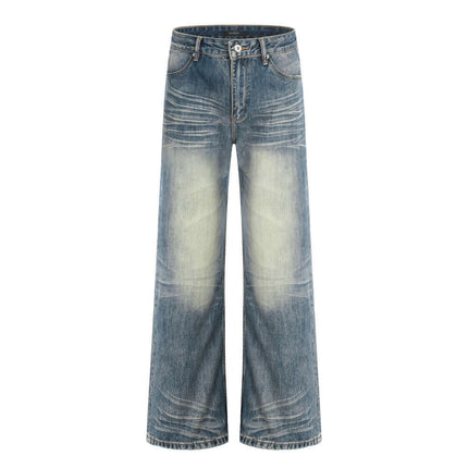 Model wearing Washed Blue washed ground white denim flared by Grozavu