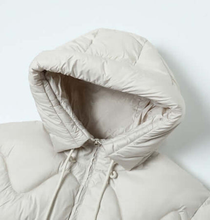 Wave Design Puffer Coat – Loose Fit featuring a hooded design and thick polyester material in beige.