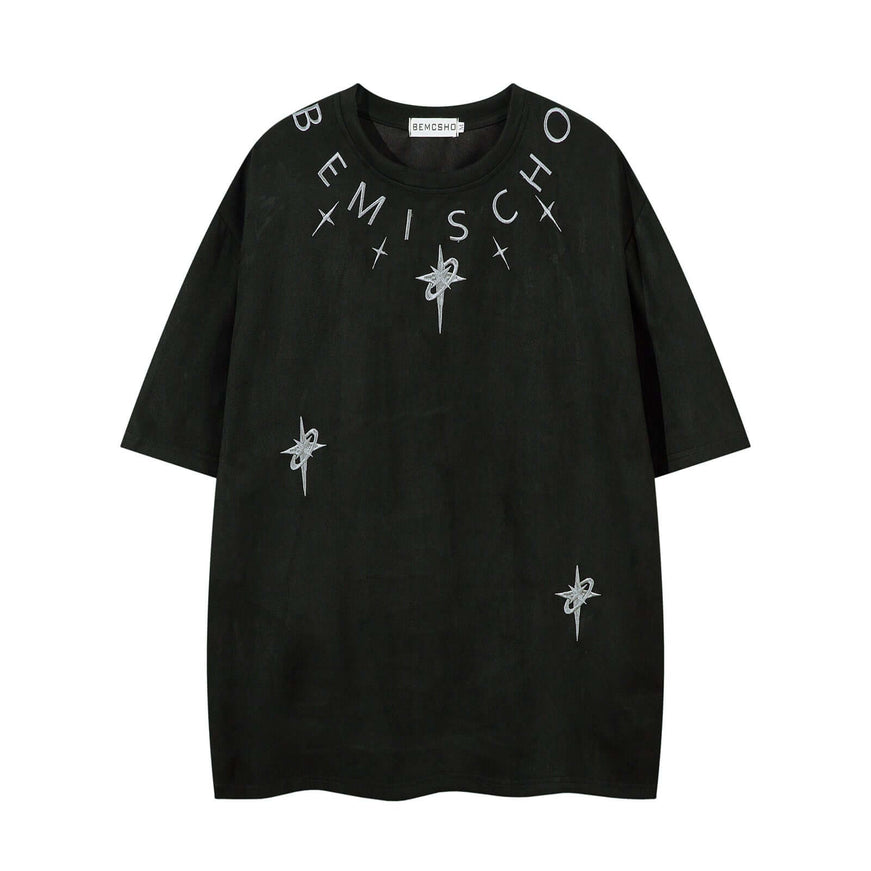 Model wearing Black letter embroidery suede short top by Grozavu