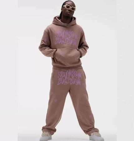 Printed Top and Long Pants – Street Fit outfit featuring a stylish brown hoodie and matching pants with streetwear vibes.