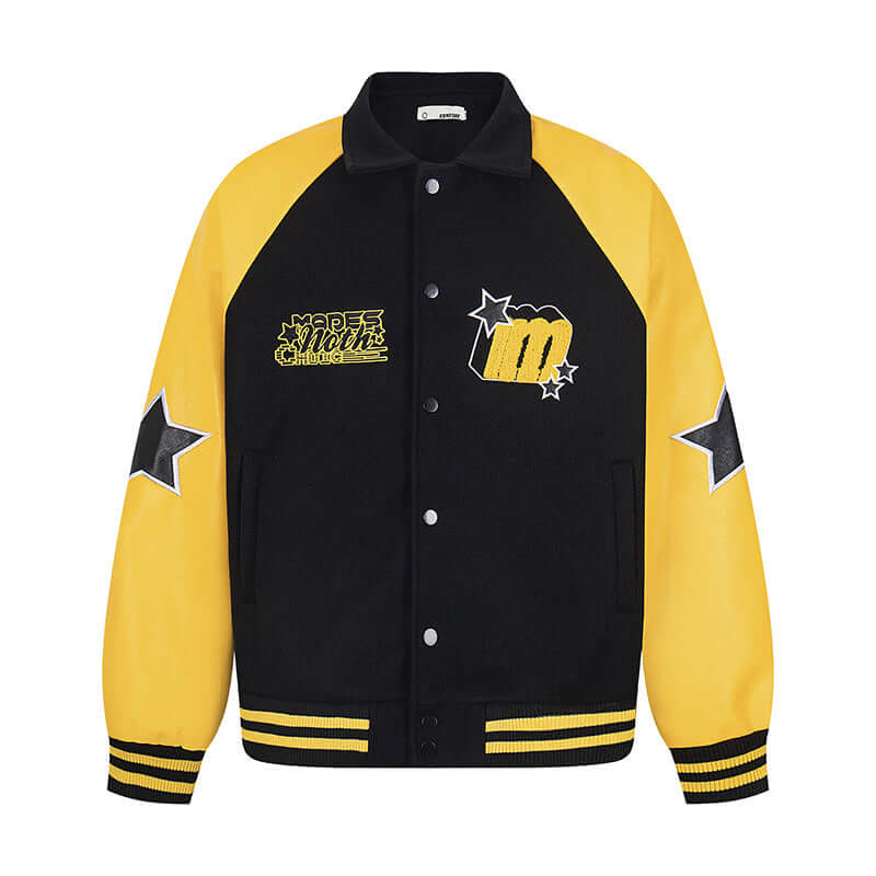 Model wearing White and Black paneled spliced turn jacket by Grozavu